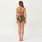 One Piece Swimsuit with High Neck Floral Print Design Contrast Trim Slim Fit Stretch Fabric