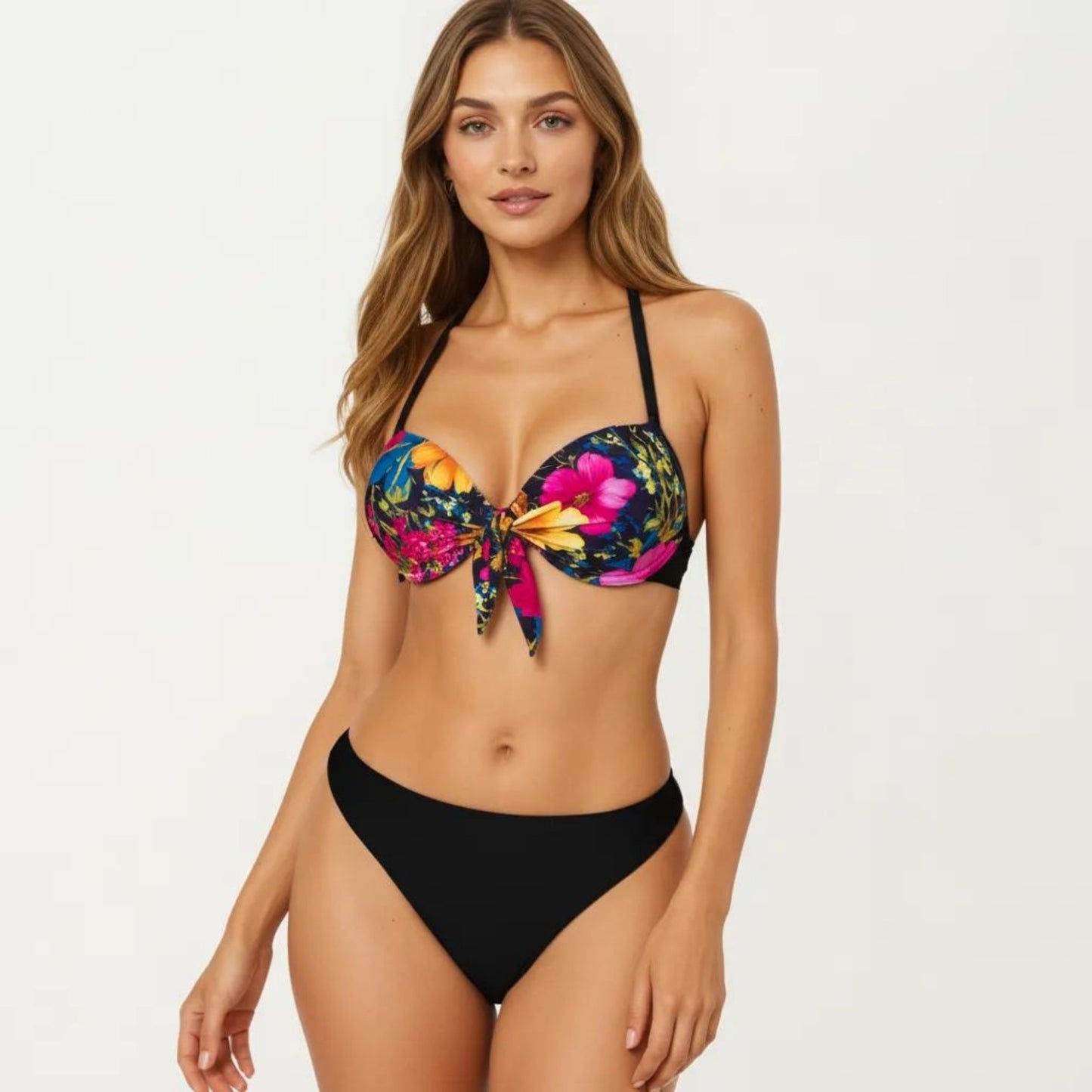 2-Piece Bikini Set with Push Up Underwire Top Front Tie Detail High Cut Bottom Floral Print
