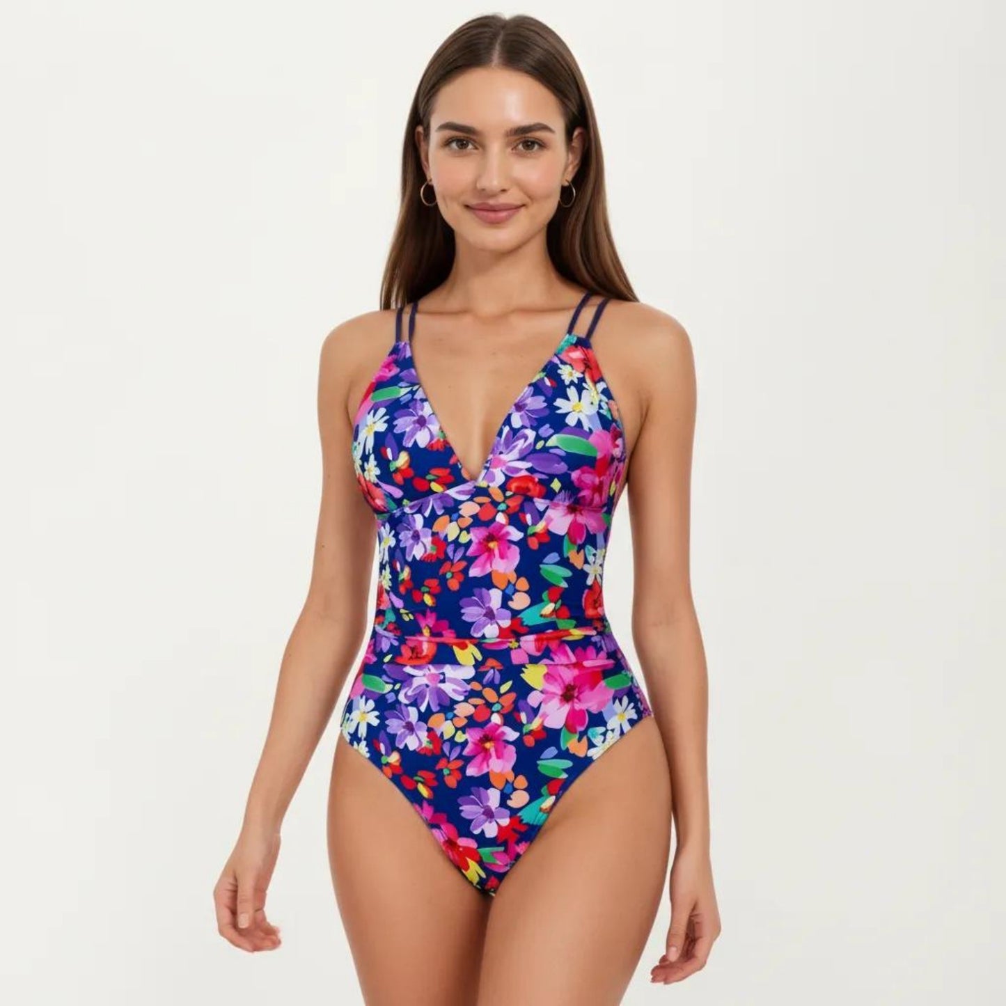 One Piece Swimsuit with V Neck Floral Print Design Double Strap Detail Ruched Waist Fit