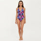 One Piece Swimsuit with V Neck Floral Print Design Double Strap Detail Ruched Waist Fit