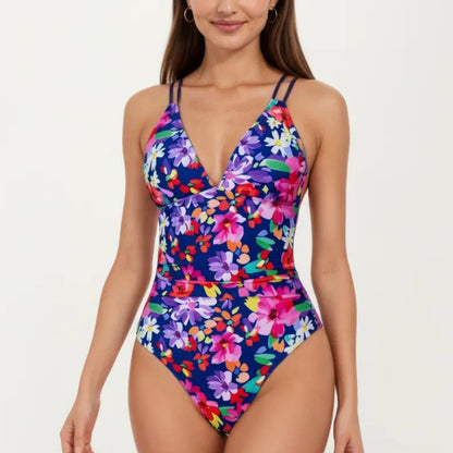 One Piece Swimsuit with V Neck Floral Print Design Double Strap Detail Ruched Waist Fit