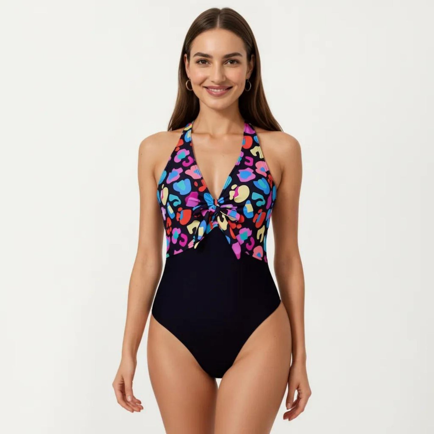 Halter One Piece Swimsuit with Twist Front Cutout Design Printed Top Panel Stretch Fit