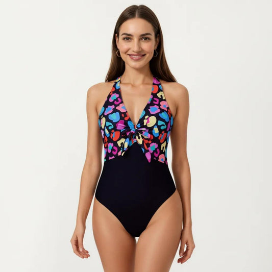 Halter One Piece Swimsuit with Twist Front Cutout Design Printed Top Panel Stretch Fit
