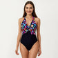 Halter One Piece Swimsuit with Twist Front Cutout Design Printed Top Panel Stretch Fit