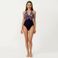 Halter One Piece Swimsuit with Twist Front Cutout Design Printed Top Panel Stretch Fit