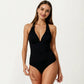 Halter One Piece Swimsuit with Deep V Neck Ruched Waist Design Open Back Stretch Fit
