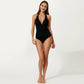 Halter One Piece Swimsuit with Deep V Neck Ruched Waist Design Open Back Stretch Fit