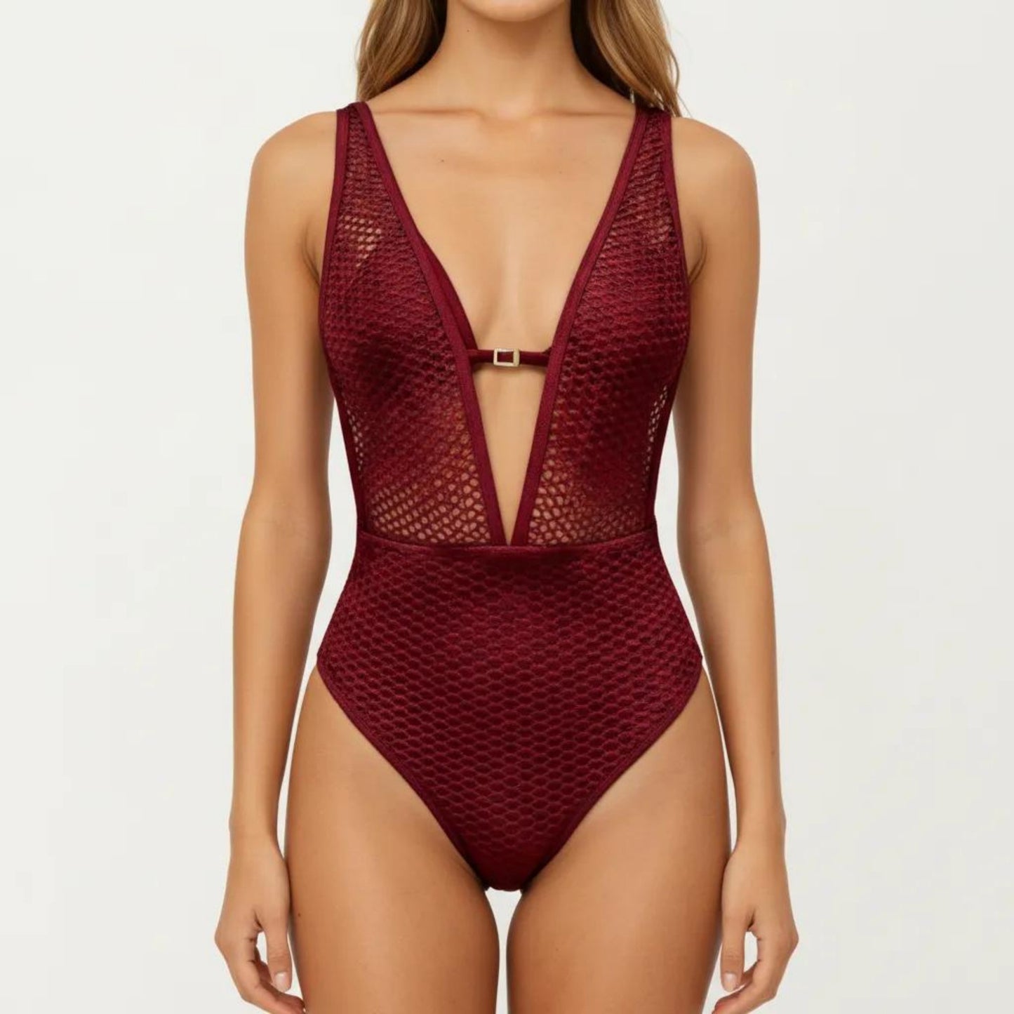 Deep V Neck One Piece Swimsuit with Mesh Panel Design Halter Strap Open Back Textured Fit