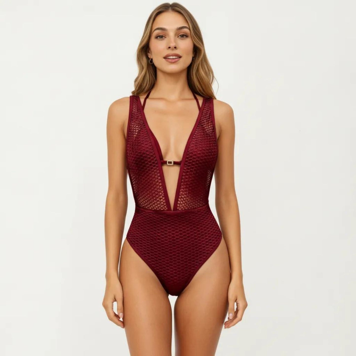 Deep V Neck One Piece Swimsuit with Mesh Panel Design Halter Strap Open Back Textured Fit