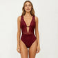 Deep V Neck One Piece Swimsuit with Mesh Panel Design Halter Strap Open Back Textured Fit