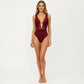Deep V Neck One Piece Swimsuit with Mesh Panel Design Halter Strap Open Back Textured Fit