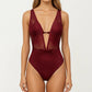 Deep V Neck One Piece Swimsuit with Mesh Panel Design Halter Strap Open Back Textured Fit
