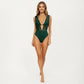 Deep V Neck One Piece Swimsuit with Mesh Panel Design Halter Strap Open Back Textured Fit