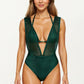 Deep V Neck One Piece Swimsuit with Mesh Panel Design Halter Strap Open Back Textured Fit
