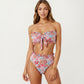 2-Piece Strapless Bandeau Bikini Set with Front Tie Knot Top High Waisted Ruffle Trim Bottom