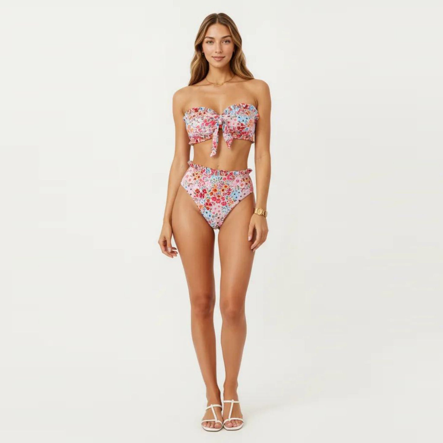 2-Piece Strapless Bandeau Bikini Set with Front Tie Knot Top High Waisted Ruffle Trim Bottom