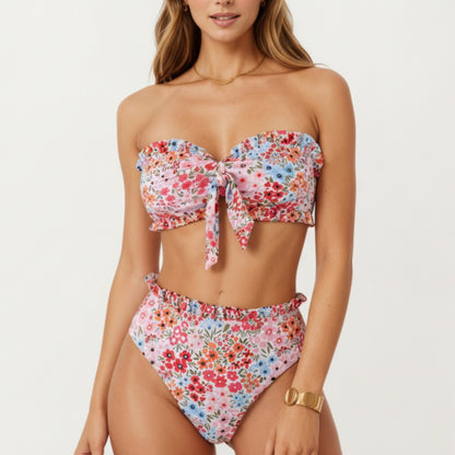 2-Piece Strapless Bandeau Bikini Set with Front Tie Knot Top High Waisted Ruffle Trim Bottom