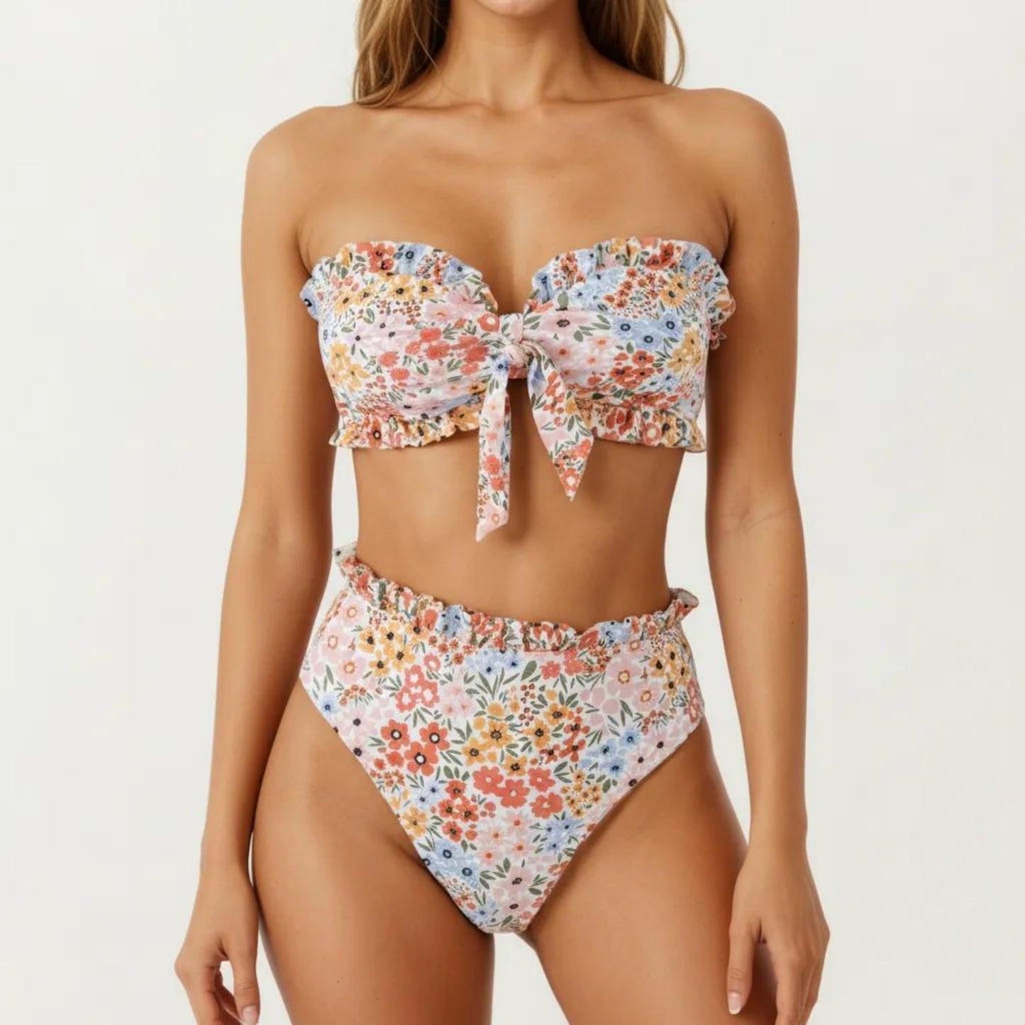 2-Piece Strapless Bandeau Bikini Set with Front Tie Knot Top High Waisted Ruffle Trim Bottom