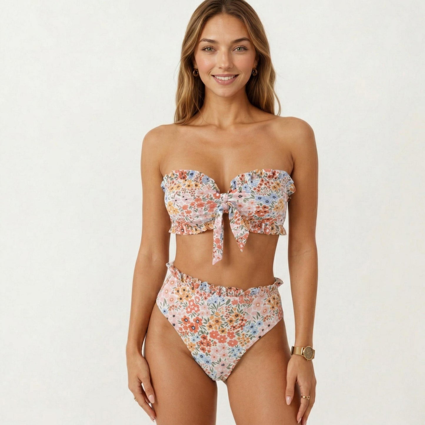 2-Piece Strapless Bandeau Bikini Set with Front Tie Knot Top High Waisted Ruffle Trim Bottom