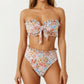 2-Piece Strapless Bandeau Bikini Set with Front Tie Knot Top High Waisted Ruffle Trim Bottom
