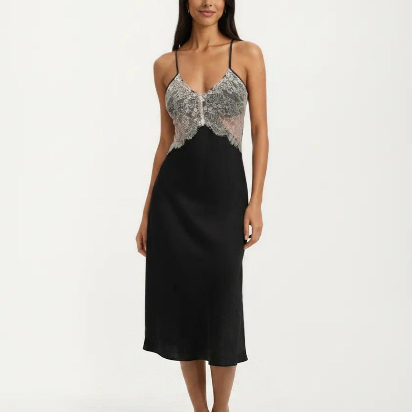 Lace Trim Midi Sleep Dress Adjustable Strap Nightgown Lightweight Relaxed Fit Sleepwear