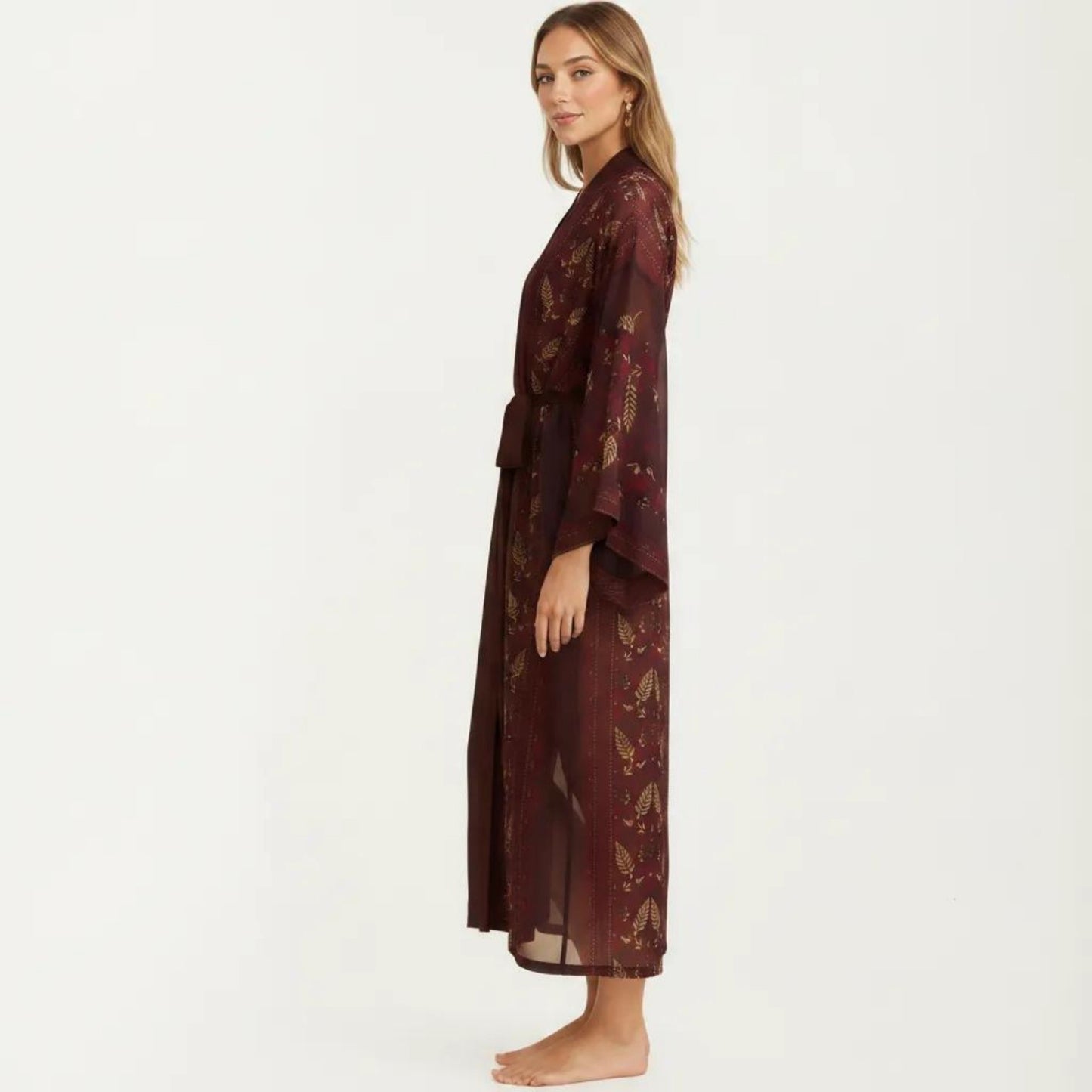 Long Length Open Front Robe with Wide Sleeves Printed Lightweight Flowing Lounge Layer