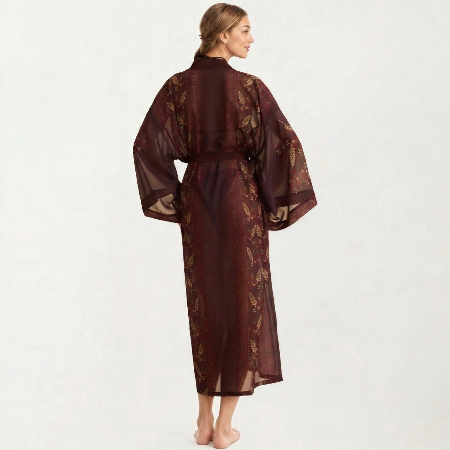 Long Length Open Front Robe with Wide Sleeves Printed Lightweight Flowing Lounge Layer