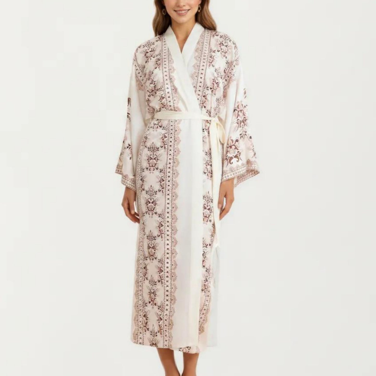 Long Length Open Front Robe with Wide Sleeves Printed Lightweight Flowing Lounge Layer