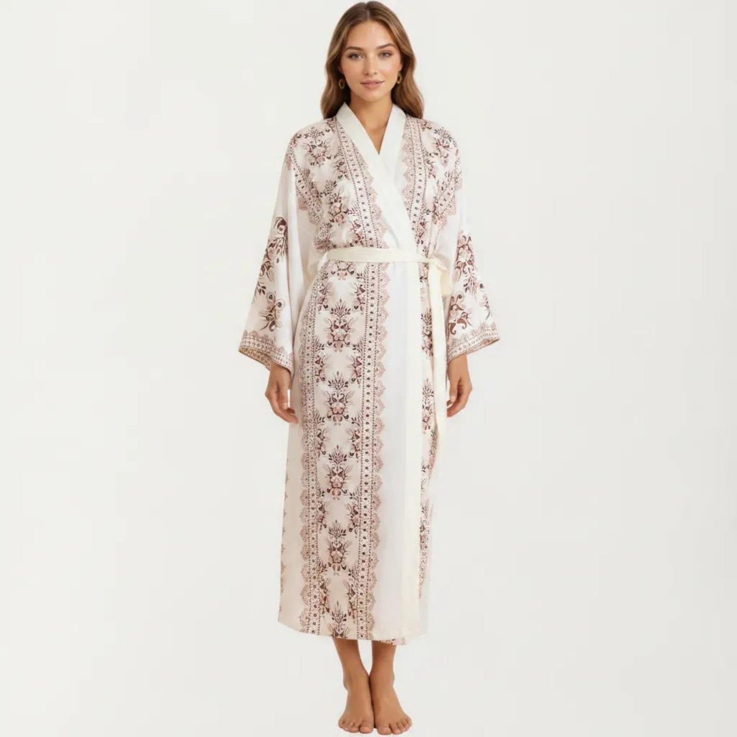 Long Length Open Front Robe with Wide Sleeves Printed Lightweight Flowing Lounge Layer