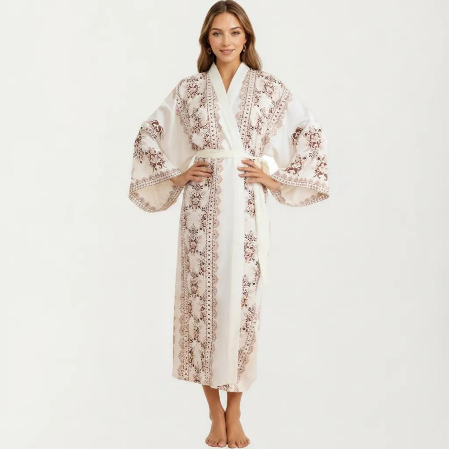 Long Length Open Front Robe with Wide Sleeves Printed Lightweight Flowing Lounge Layer