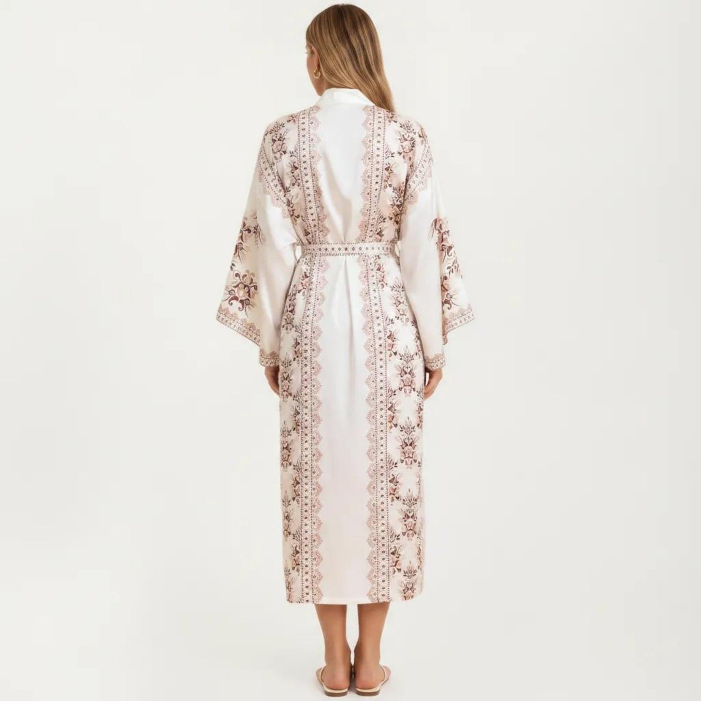 Long Length Open Front Robe with Wide Sleeves Printed Lightweight Flowing Lounge Layer