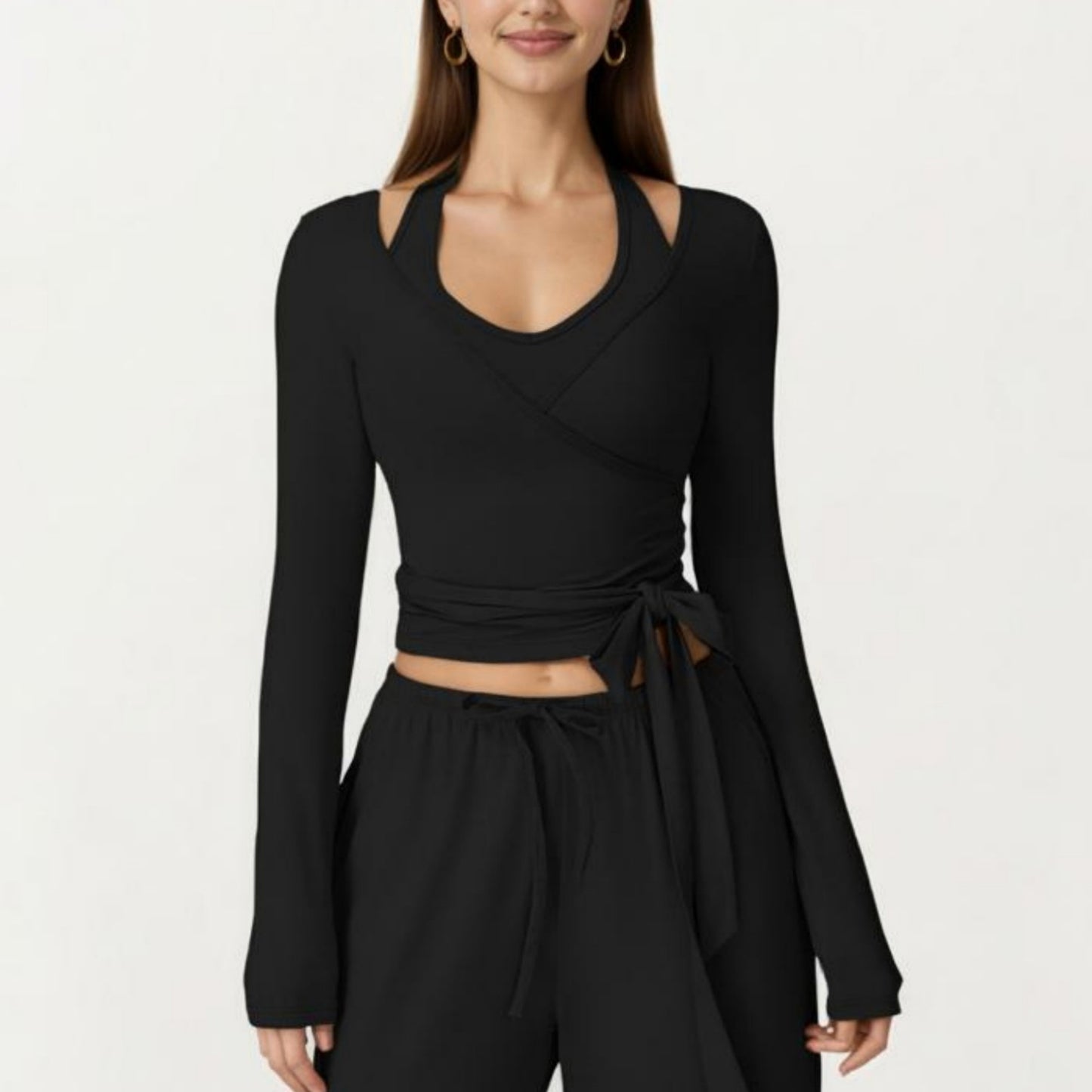 Long Sleeve Wrap Front Crop Top with Tie Waist V Neck Fitted Stretch Knit Shirt