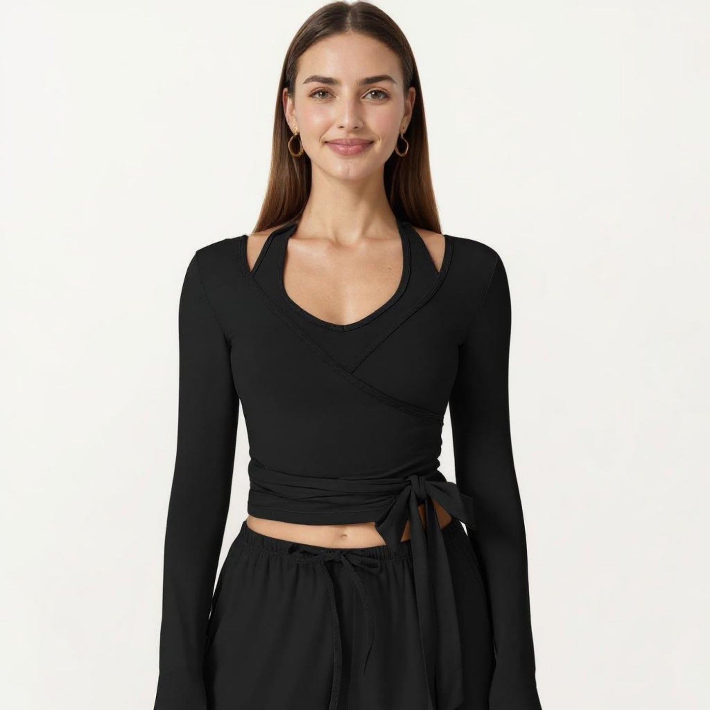 Long Sleeve Wrap Front Crop Top with Tie Waist V Neck Fitted Stretch Knit Shirt