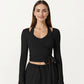 Long Sleeve Wrap Front Crop Top with Tie Waist V Neck Fitted Stretch Knit Shirt
