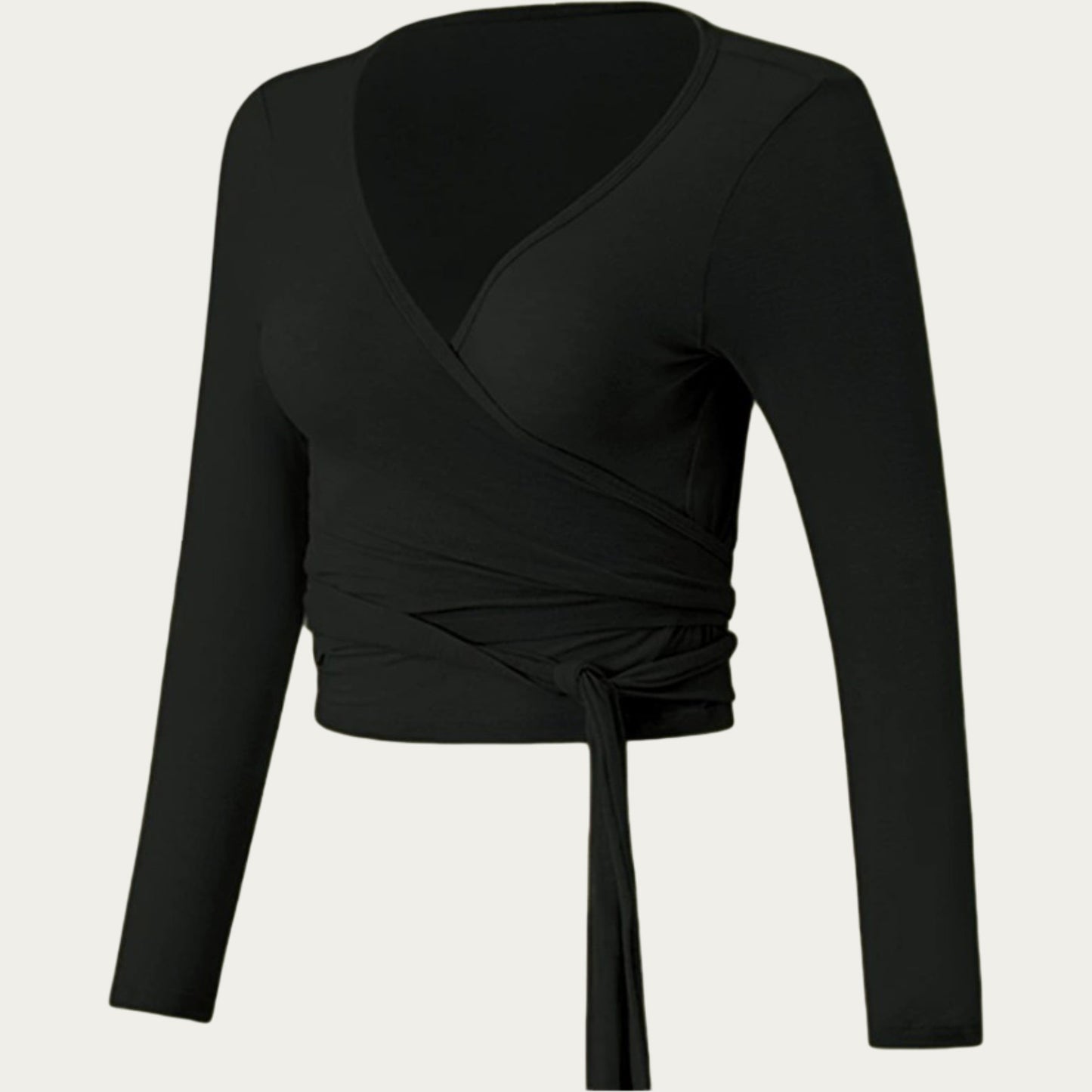 Long Sleeve Wrap Front Crop Top with Tie Waist V Neck Fitted Stretch Knit Shirt