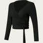 Long Sleeve Wrap Front Crop Top with Tie Waist V Neck Fitted Stretch Knit Shirt