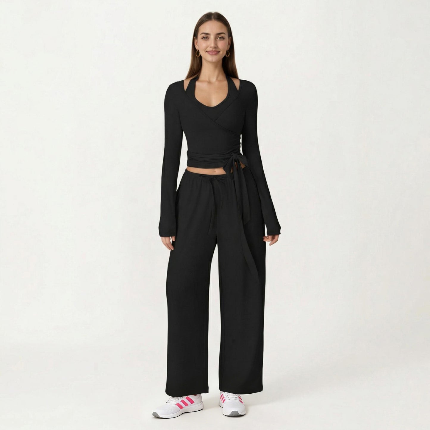 Long Sleeve Wrap Front Crop Top with Tie Waist V Neck Fitted Stretch Knit Shirt