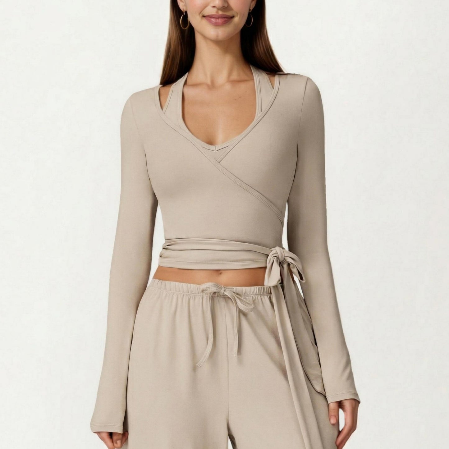 Long Sleeve Wrap Front Crop Top with Tie Waist V Neck Fitted Stretch Knit Shirt