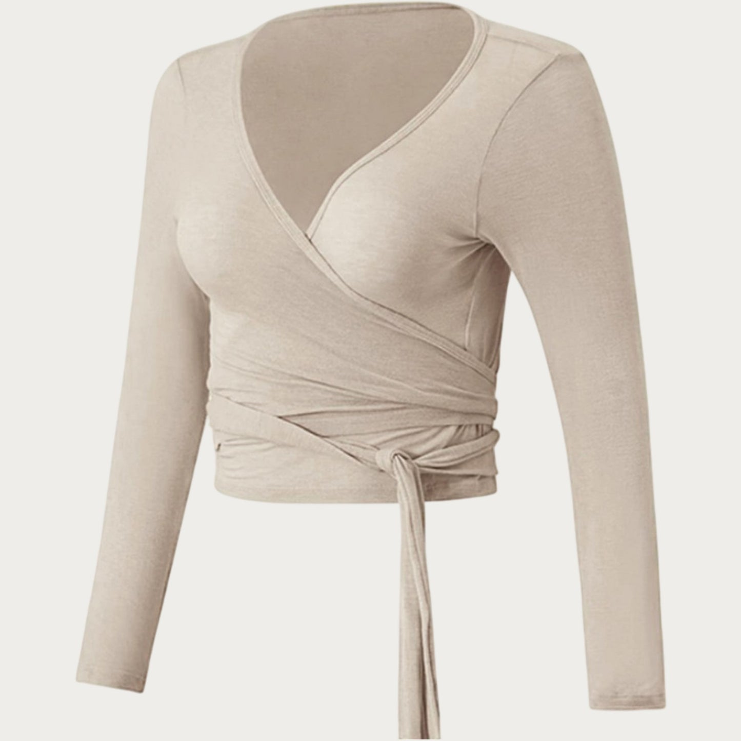 Long Sleeve Wrap Front Crop Top with Tie Waist V Neck Fitted Stretch Knit Shirt
