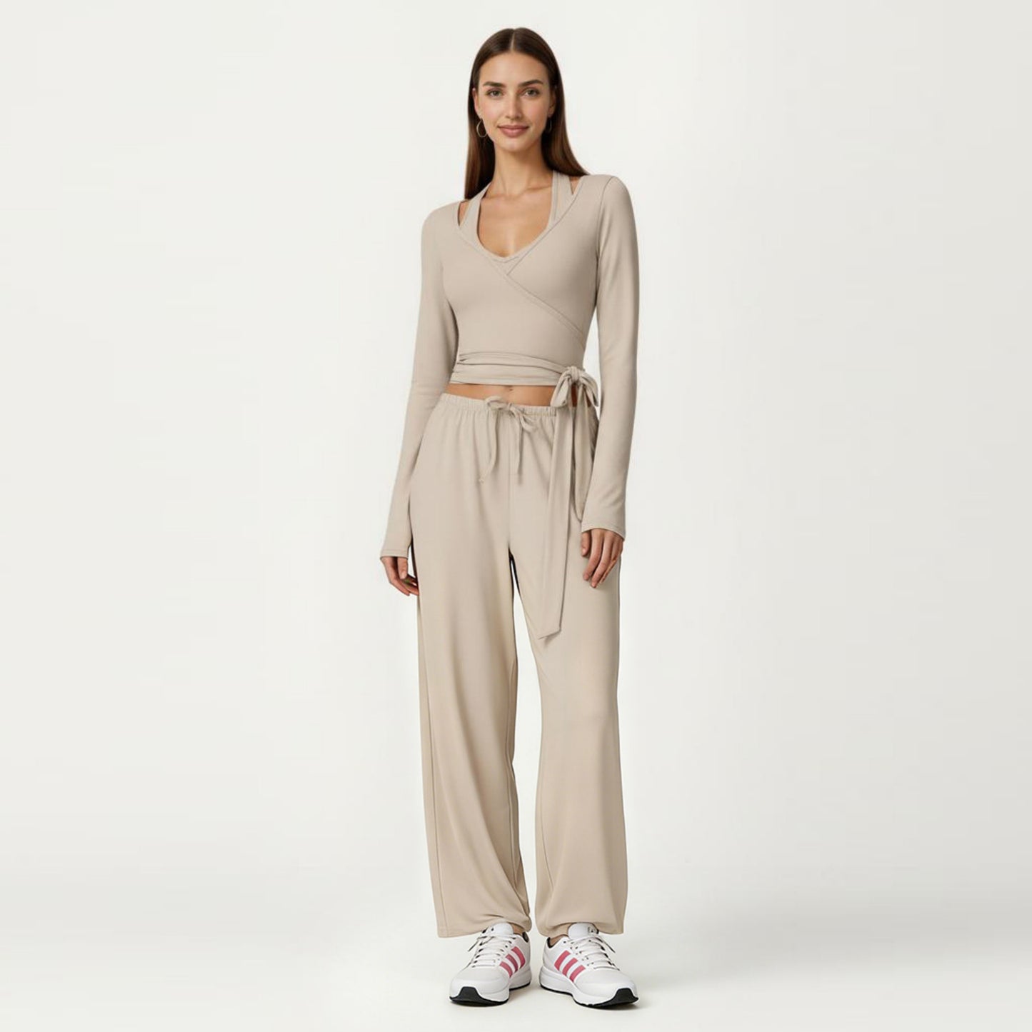 Long Sleeve Wrap Front Crop Top with Tie Waist V Neck Fitted Stretch Knit Shirt
