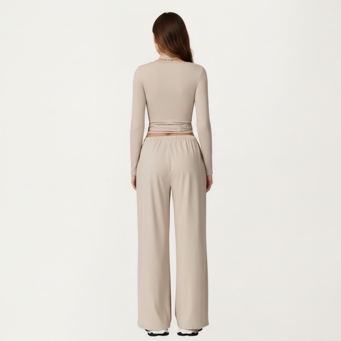 Long Sleeve Wrap Front Crop Top with Tie Waist V Neck Fitted Stretch Knit Shirt