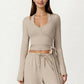 Long Sleeve Wrap Front Crop Top with Tie Waist V Neck Fitted Stretch Knit Shirt