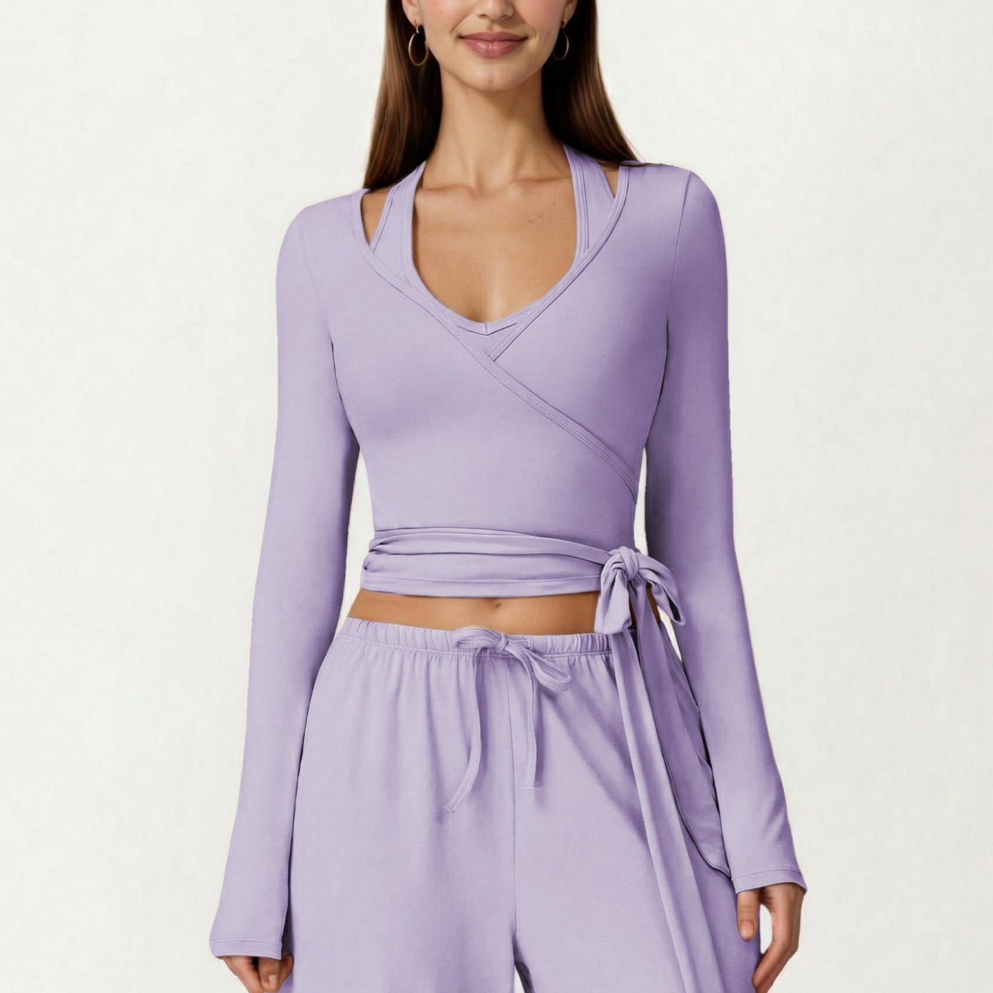 Long Sleeve Wrap Front Crop Top with Tie Waist V Neck Fitted Stretch Knit Shirt
