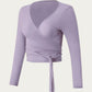 Long Sleeve Wrap Front Crop Top with Tie Waist V Neck Fitted Stretch Knit Shirt