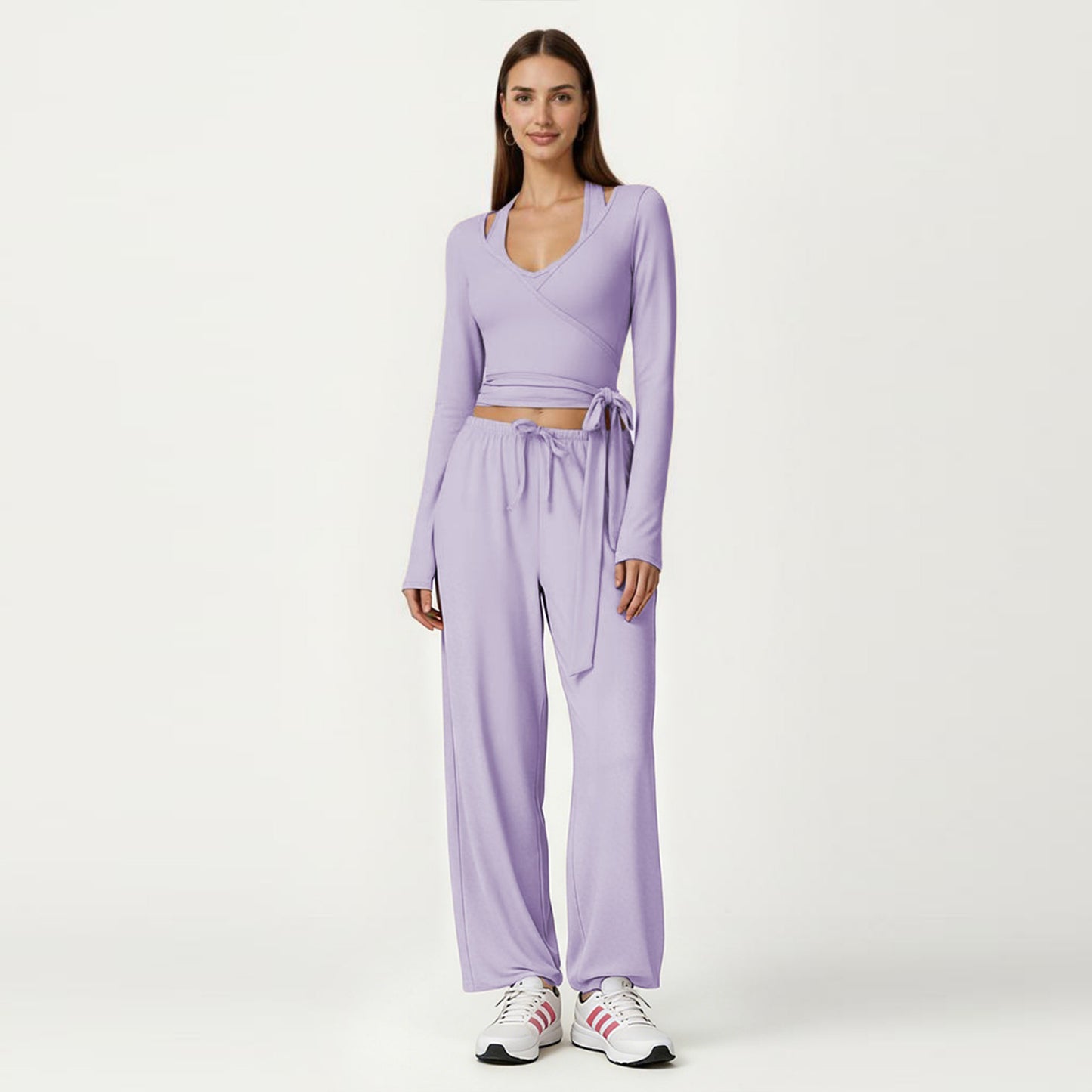 Long Sleeve Wrap Front Crop Top with Tie Waist V Neck Fitted Stretch Knit Shirt
