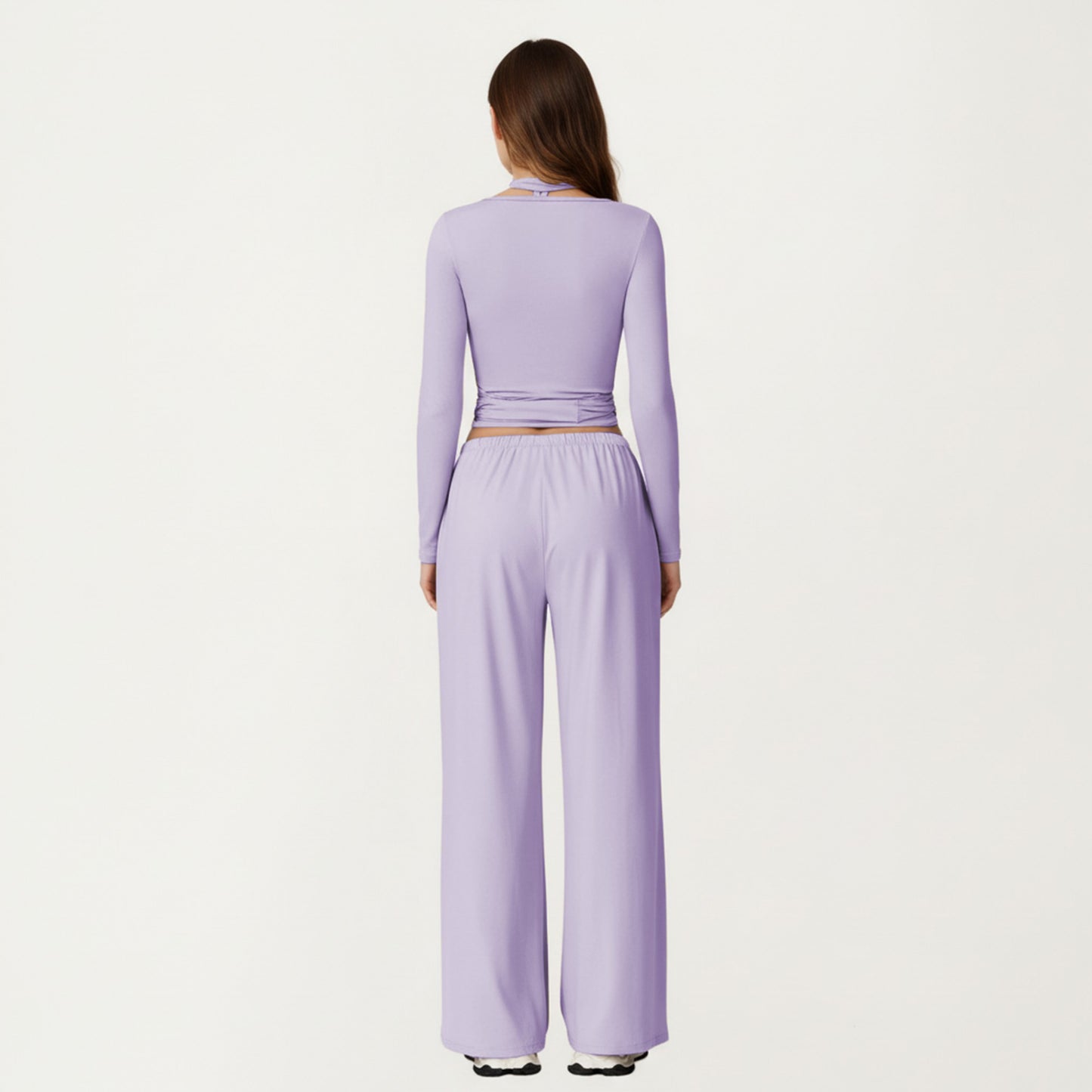 Long Sleeve Wrap Front Crop Top with Tie Waist V Neck Fitted Stretch Knit Shirt