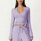 Long Sleeve Wrap Front Crop Top with Tie Waist V Neck Fitted Stretch Knit Shirt