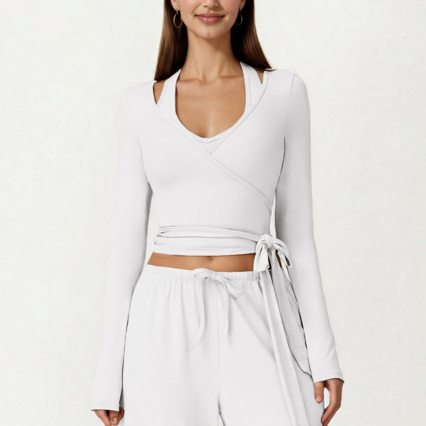 Long Sleeve Wrap Front Crop Top with Tie Waist V Neck Fitted Stretch Knit Shirt