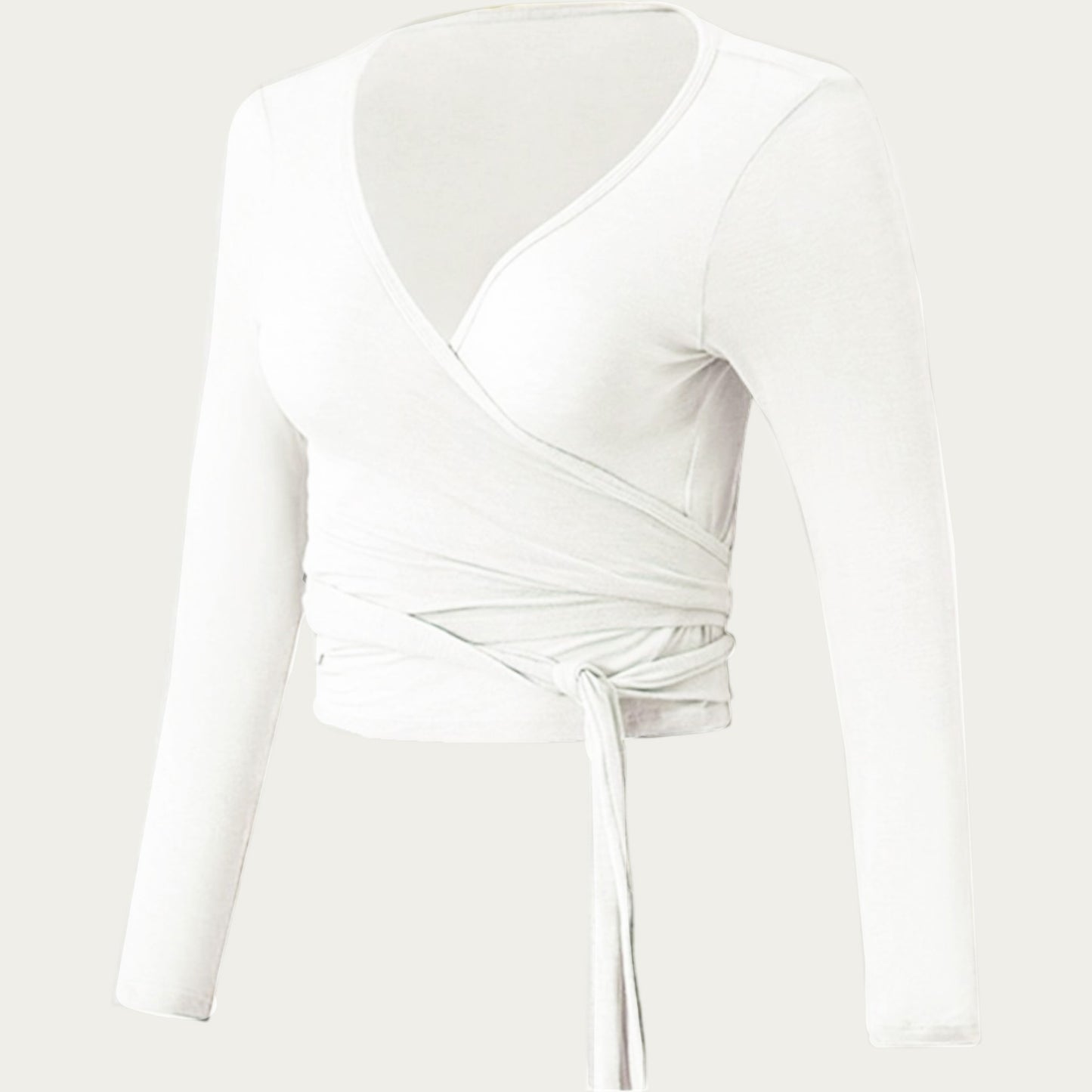 Long Sleeve Wrap Front Crop Top with Tie Waist V Neck Fitted Stretch Knit Shirt