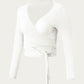 Long Sleeve Wrap Front Crop Top with Tie Waist V Neck Fitted Stretch Knit Shirt